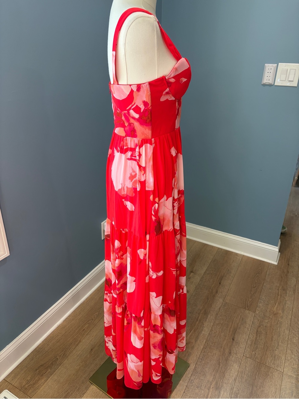 Lulus Red Pink Floral Bustier Tiered Maxi Dress Size Small - Picture 8 of 12